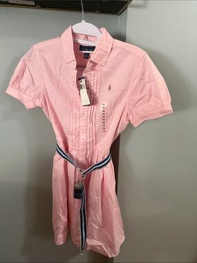 Ralph Lauren Light Pink Button-Front Polo Shirt Dress with Striped Belt